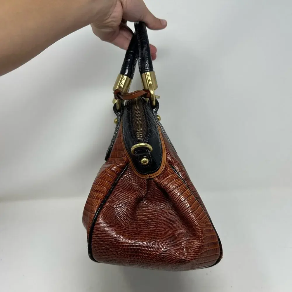 Brahmin Lisa Satchel Bag Cognac Tri-Texture Croc Lizard Brown Gold Tone